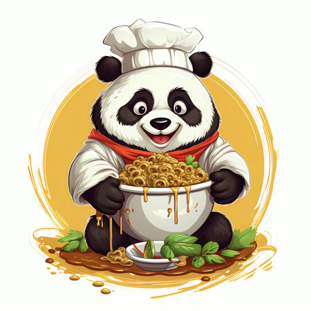 Panda chef with bowl of noodle. Cartoon vector illustration.の素材