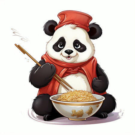 Illustration of a cute panda in a red chef costume eating noodlesの素材