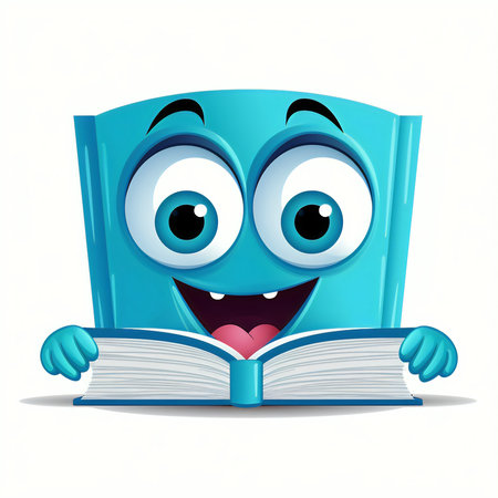 Cartoon book character with happy face and opened book. Vector illustration.の素材