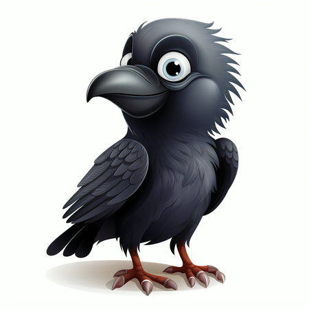 3d rendered illustration of black crow cartoon character isolated on white backgroundの素材