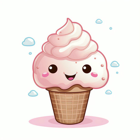 Cute cartoon ice cream cone with smiling face. Vector illustration.の素材