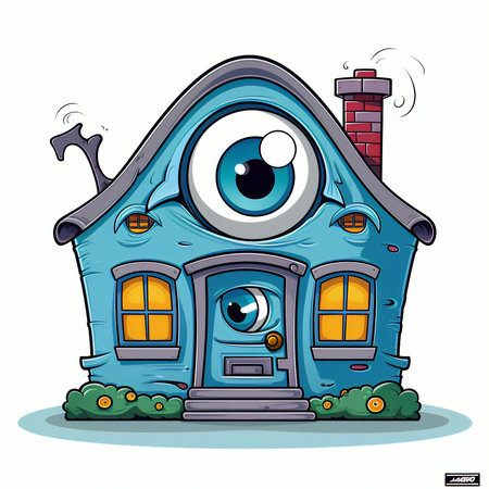 Cartoon blue house with eyes. Vector illustration for your design.の素材