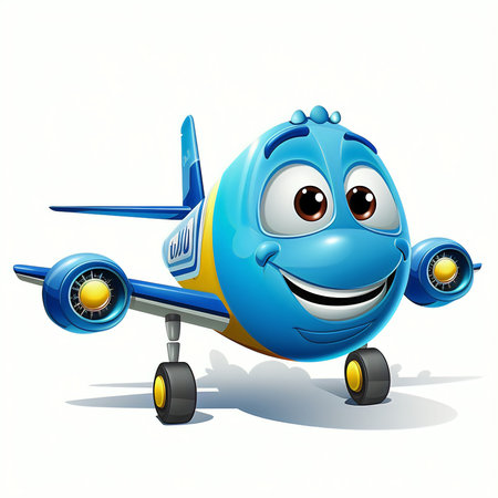 Vector illustration of Cartoon funny blue airplane on wheels isolated on white backgroundの素材