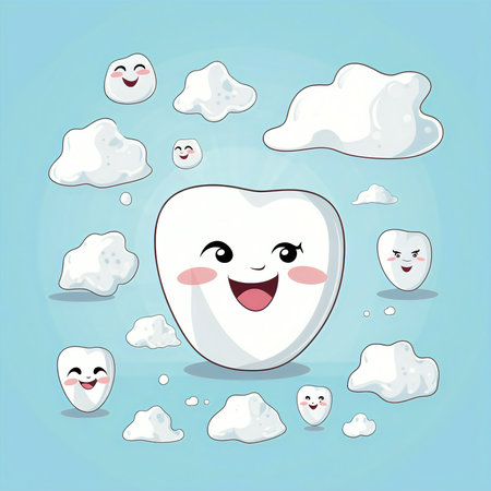 white tooth with smiley face on cloud background. Vector illustration.の素材