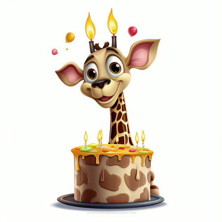 Cute cartoon giraffe with birthday cake isolated on white background.の素材