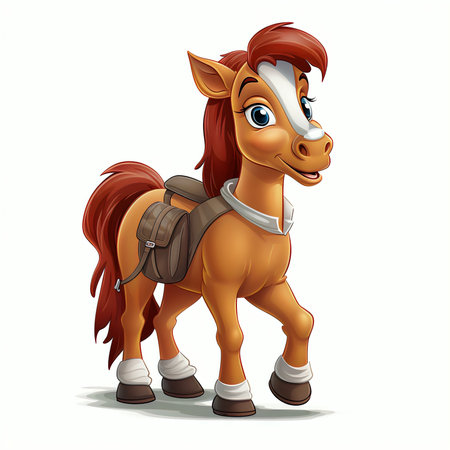 Vector illustration of Cartoon horse with backpack isolated on white background. Side view.の素材