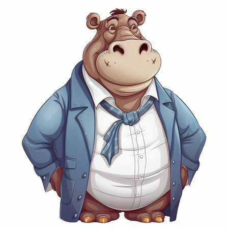 Illustration of a hippo in a jacket and tie on a white backgroundの素材