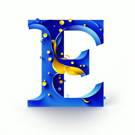 Blue letter E with yellow confetti on white background, vector illustration.の素材