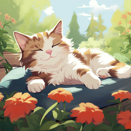 Illustration of a cute cat sleeping on a bed surrounded by flowersの素材