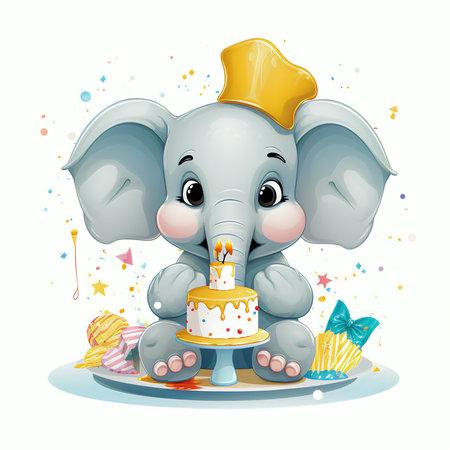 Cute baby elephant with birthday cake and gifts on white background illustrationの素材