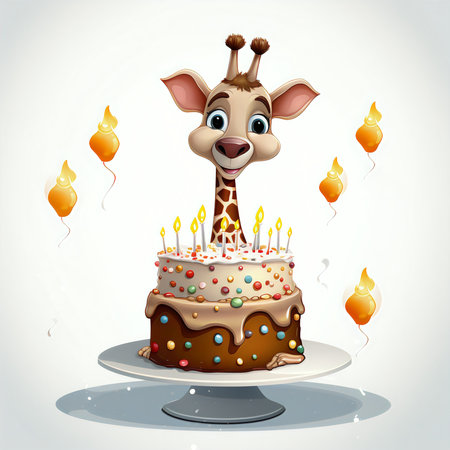 Cute giraffe with birthday cake and candles. Vector illustration.の素材