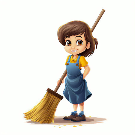 Vector illustration of Cute little girl with broom isolated on white backgroundの素材
