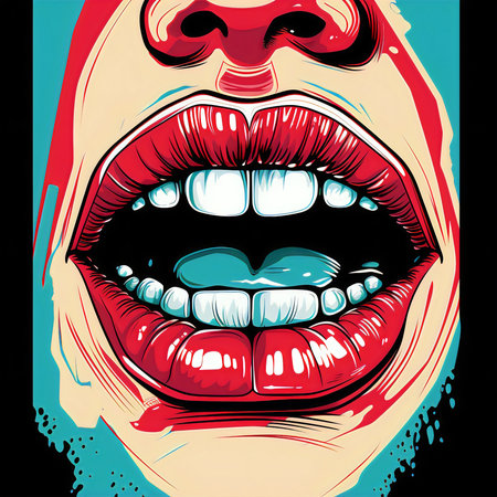 Vector illustration of female mouth with red lips and teeth. Pop art style.の素材