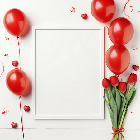 Red balloons and tulips on a white wooden background. Top view.の素材