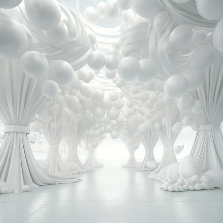 Abstract white interior with white balls, 3d render illustration, verticalの素材