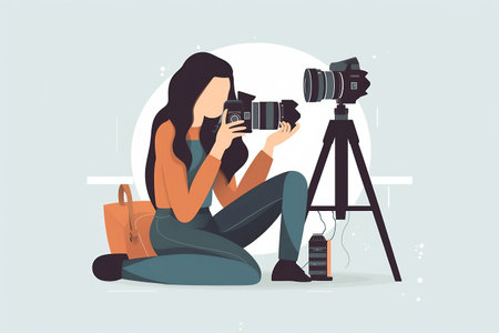 Female photographer with camera on tripod. Vector illustration in flat style.の素材