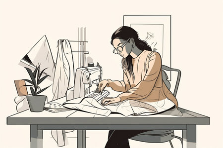Vector illustration of a fashion designer working at her desk in her officeの素材