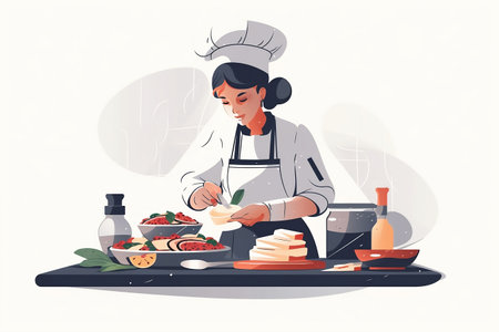Chef cooking in kitchen flat vector illustration. Female cook in apron preparing food in professional kitchen.の素材