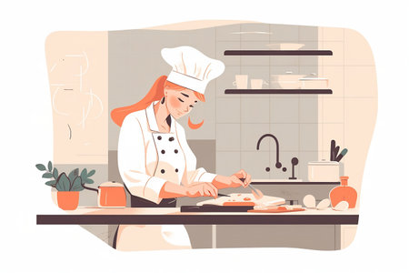 Female chef cooking in the kitchen. Vector illustration in flat style.の素材