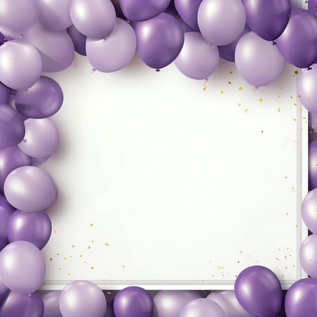 Purple balloons with white frame and golden confetti. Vector illustration.の素材