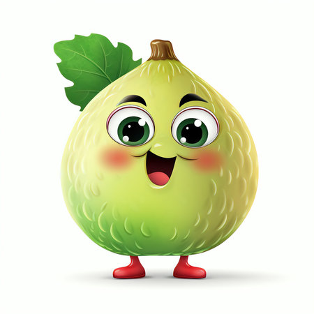 Funny green guava fruit character isolated on white background. Vector illustration.の素材