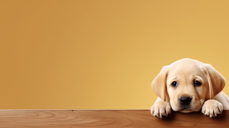 Labrador puppy lying on a wooden table over orange background with copy spaceの素材