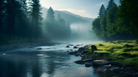 Mountain river in the morning mist. Carpathians, Ukraineの素材