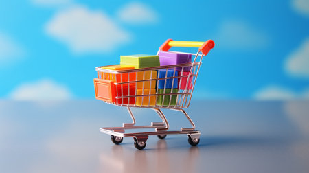 Shopping cart with colorful boxes on blue sky background, online shopping conceptの素材