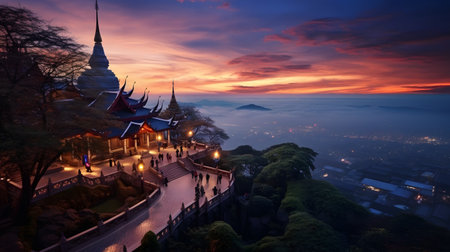 Buddhist temple in the evening, Wat Phra That Doi Suthep, Chiang Mai, Thailandの素材