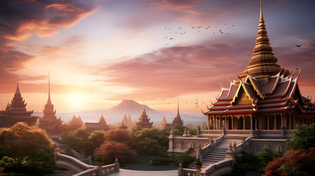 Thai temple with sunset sky background, travel and tourism concept.の素材