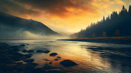 Foggy sunrise over the mountain river. 3D Renderingの素材