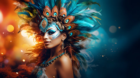 Beautiful young woman with bright make-up and carnival mask.の素材