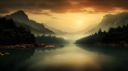 Sunset over a lake in the mountains. 3d render.の素材