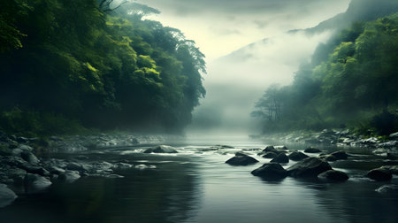 Mountain river flowing through the forest in the misty morning.の素材