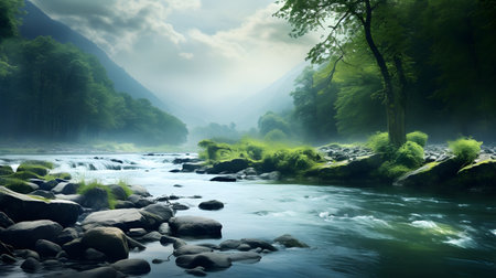Beautiful landscape with mountain river and green forest in misty morningの素材