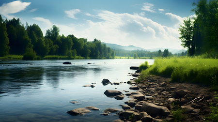 Beautiful summer landscape with river and blue sky. Panorama.の素材