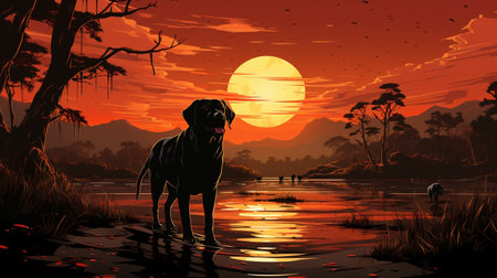 Rottweiler dog at sunset in the jungle. Vector illustrationの素材