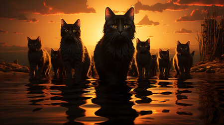 Group of black cats in the water at sunset. 3d renderingの素材