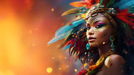 Portrait of a beautiful young woman with bright make-up and feathers.の素材