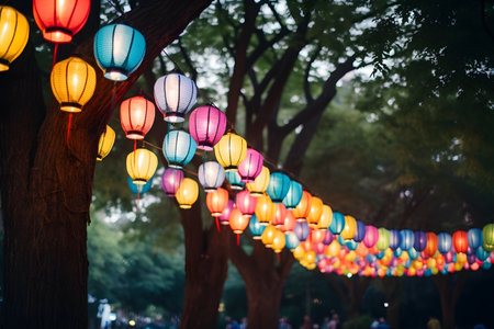 Colorful paper lanterns hanging on tree in the park, Thailand.の素材