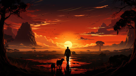 Silhouette of a man walking with his dog on a sunset backgroundの素材