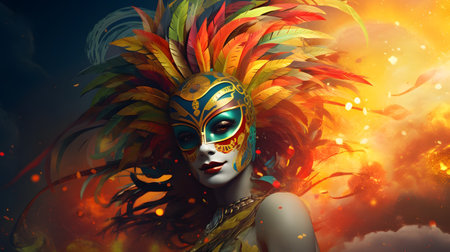 Beautiful woman in carnival mask with feathers on fantasy background.の素材