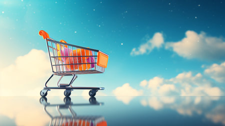 Shopping cart on blue sky background with clouds. 3d renderingの素材
