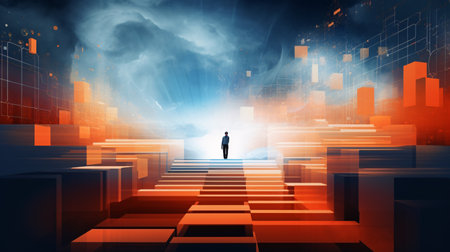 Conceptual image of businessman standing on stairs and looking at cityの素材