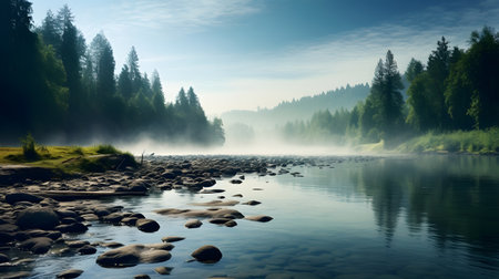 Mountain river in the morning mist. Panoramic view.の素材