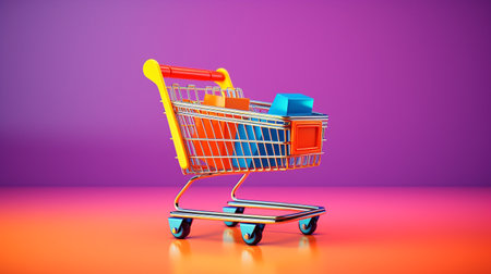 Shopping cart on a purple background. 3d render illustration.の素材