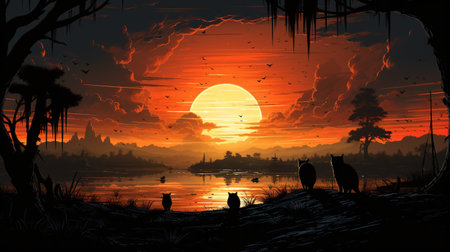 Silhouette of birds at sunset on the lake. 3d renderingの素材