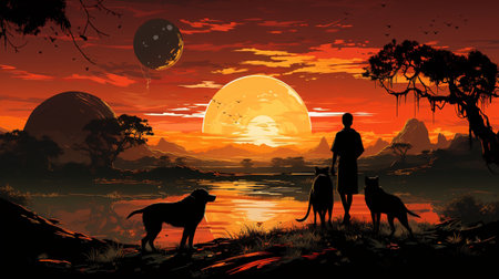 Man with dog at sunset on the river bank. Vector illustration.の素材