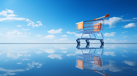 Shopping cart on blue sky background. 3d render illustration.の素材