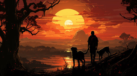 Man with a dog in the forest at sunset. Vector illustration.の素材